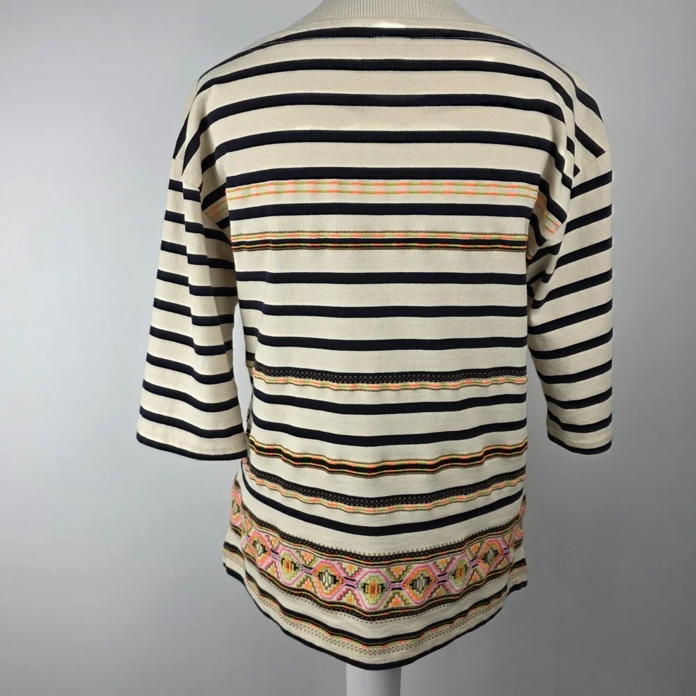 J CREW Women's Top SZ M Striped Aztec‎ Neon Embroidered Bateau Neck 3/4  *READ